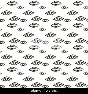 Nahtlose Muster mit Augen und Wimpern. Tinte Abbildung. Ornament für Geschenkpapier. Schwarzweiß-Design. Stockfoto