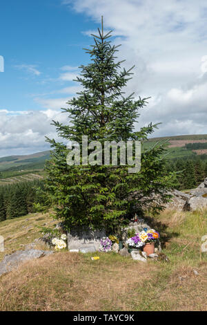 Am Straßenrand Gedenkstätte auf Wicklow Gap Blick nach Westen von Turlough Hill am Rande der Wicklow Mountains National Park, Co Wicklow, Irland. Stockfoto