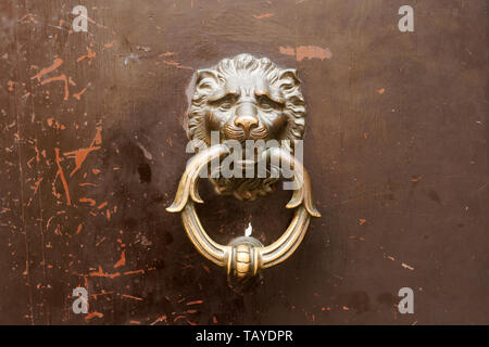 Horizontale Vorderansicht closeup auf Vintage lion's head Golden Door Knopf mit klopfen Ring auf braunem Holz- Hintergrund Stockfoto