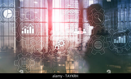 Business Process abstract Diagramm mit Getrieben und Symbole. Workflow- und Automatisierungstechnik Konzept. Stockfoto