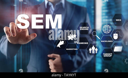 SEM Search Engine Optimization Ranking Verkehr Web site Marketing Internet Business Technology Kommunikationskonzept. Stockfoto
