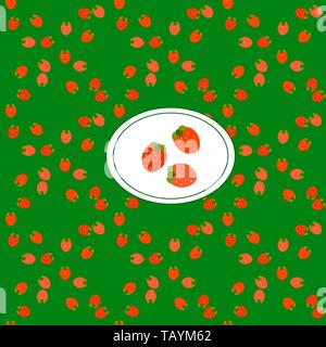 Erdbeeren Vector Illustration. Nahtlose Muster Rot saftige Beeren mit grünen Blättern auf grünem Hintergrund. So erstellen Sie einen Blog Hintergrund, Drucken auf Textilien Stock Vektor