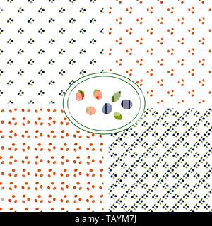 Vector Illustration. Satz von 4 nahtlose Muster. Frische natürliche Blueberry mit grünen Blättern auf weißem Hintergrund Reif. Wilde Erdbeere. Blau Rot Berry. F Stock Vektor