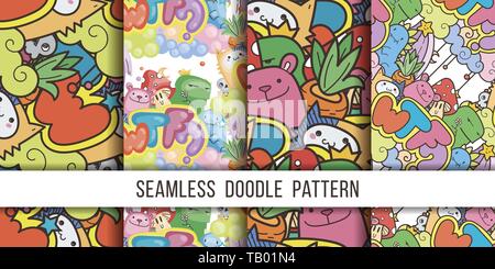 Sammlung von nahtlose Vektor Muster mit cute Cartoon Monster und Bestien. Schön für Verpackung, Geschenkpapier, Malvorlagen, Tapete, Stoff, f Stock Vektor