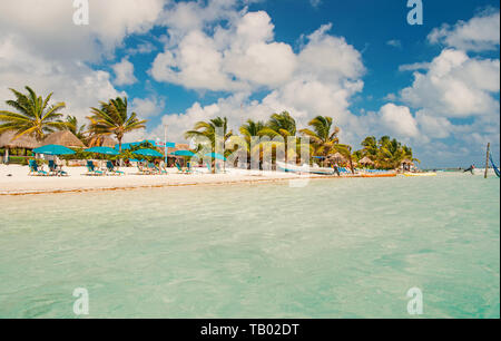 Costa Maya, Mexiko - 01. Februar 2016: Meer Strand. Blaues Wasser, weißer Sand und Palmen am tropischen Strand. Sommer Urlaub am Karibischen Meer Strand. Meer Strand entspannen. Abenteuer dort ist. Stockfoto