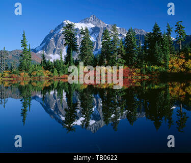 USA, Washington, Mt. Shuksan, in North Cascades National Park, spiegelt in Highwood See, von Falllaub begrenzt wird. Stockfoto