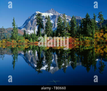 USA, Washington, Mt. Shuksan, in North Cascades National Park, spiegelt in Highwood See, von Falllaub begrenzt wird. Stockfoto