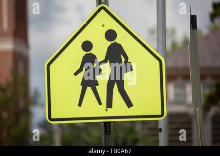 Gelbe Ampel zeigt eine Schule Zone und Zebrastreifen Stockfoto