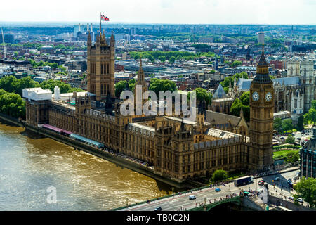 Britische Parlament Blick vom London Eye, Großbritannien Stockfoto