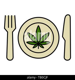 Cannabis Blatt auf dem Teller mit Messer und Gabel. Marihuana essen. Isolierte Vector Illustration auf weißem Hintergrund. Stock Vektor