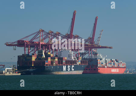 Globale Häfen, Durban, Südafrika, zwei Frachtschiffe, Kräne laden Container am Dock des Hafens, Landschaft, Transport, großen Hafen von Afrika, Stadt Stockfoto