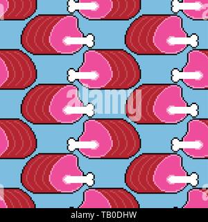 Schweinefleisch Schinken Pixel-art Muster Nahtlose. Fleisch mit Knochen 8 bit Hintergrund Stock Vektor