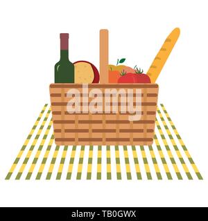 Vector Illustration mit Rattan Picknickkorb mit Essen und Trinken. Familie Picknick Konzept. Sommer, Frühling Grill, Picknick Hintergrund. Romantisches Abendessen, Stock Vektor