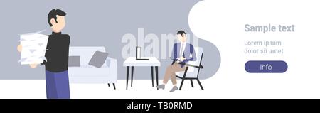 Man office Worker, die Dokumente auf Papier Stapel Unternehmer sitzen am Arbeitsplatz mit Laptop Notizen Arbeitsprozess Konzept waagrechten Stock Vektor