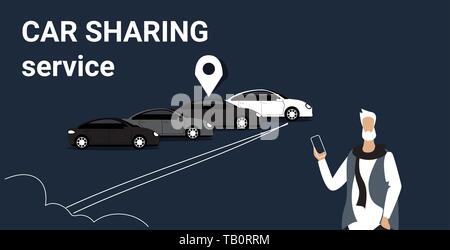 Frustriert älterer Mann suche Auto mit Standort geo-tag auf dem Parkplatz mit mobilen Anwendung carsharing Konzept smartphone online Auto Rent Service Stock Vektor