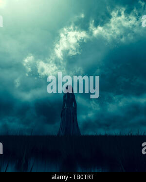 Ghost Frau oder Ghost Braut allein im Gras Feld in der Nacht, 3D-Darstellung Stockfoto