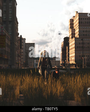 Backpacker Spaziergang mit seinem Hund in der verlassenen Stadt, 3D-Rendering Stockfoto