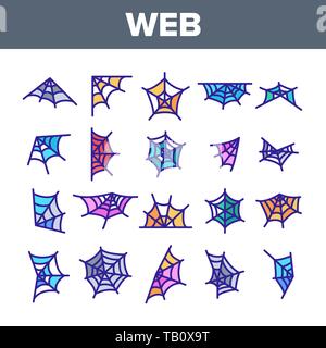 Spinne, Spinnennetz Vector Linear Symbole gesetzt Stock Vektor