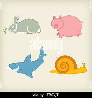 Vector Illustration. Satz von vier Tier Abbildung. Hase, Schwein, shark Schnecke Stock Vektor