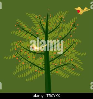 Vector Illustration. Sommer zwei Vögel auf einem Baum. Grüner Hintergrund. Stock Vektor