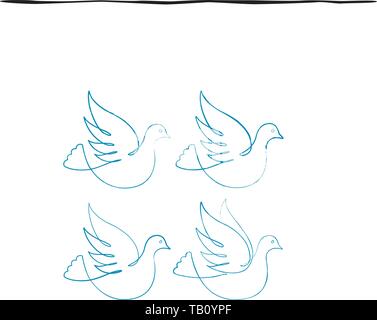 Vector Illustration. Vier Ikonen der Linie Tauben in Blau auf Weiß isoliert. Stock Vektor