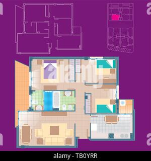 Vector Illustration. Haus plan mit skizziert Möbel und Verteilung. Stock Vektor