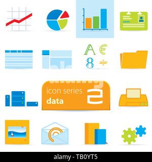 Vector Illustration. Symbol "Daten". 14 flache Symbole in weichen Farben. Stock Vektor