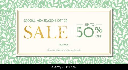 Grün Frühling Sommer Laub Silhouetten Verkauf Förderung horizontaler Banner. Social Media Werbung Grafik. Abstrakt Floral Hintergrund drucken. Perfekt für Fas Stock Vektor