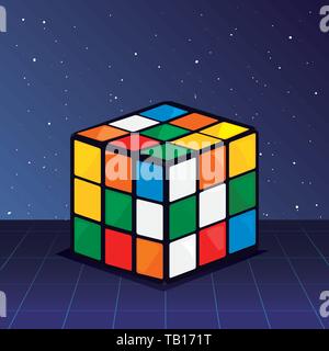 Rubik's Cube Retro 80s dunklen Hintergrund Vector Illustration Stock Vektor