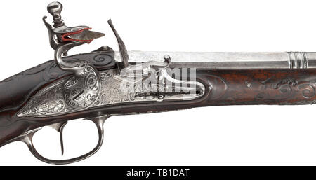 Ein paar Deluxe flintlock Pistolen, Bartholomäus Daisenberger in München, ca. 1750, zweistufige Fässer, achteckigen dann Runde nach einem gemeißelt Gürtel, mit sieben-groove rifled Bohrungen in 15 mm Kaliber. Bei den Hosen Gold - gesäumt von Marken mit "B. Dais. B.' oben Darstellung eines Dachs. V-förmigen hinteren Sehenswürdigkeiten, das Erz vor Sehenswürdigkeiten in der Form von 3-dimensionalen Schwäne' Kopf. Sicherungsplatte mit runden, flachen Bauweise und fein gravierte Darstellung eines Kavallerist ein Türke aus seinem Sattel, von rocaille Dekoration umgeben. Unterhalb der, Additional-Rights - Clearance-Info - Not-Available Stockfoto