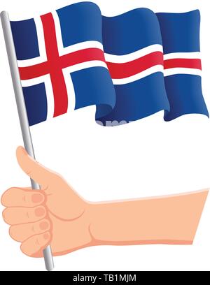 Hand halten und mit der Nationalflagge Islands wedeln. Fans, Unabhängigkeitstag, patriotisches Konzept. Vektordarstellung Stock Vektor