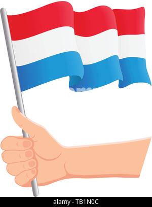 Hand halten und schwenken der Nationalflagge von Luxemburg. Fans, Unabhängigkeitstag, patriotisches Konzept. Vektorgrafik Stock Vektor