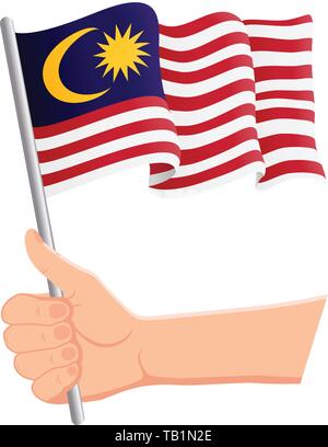 Hand hält und winkt die Nationalflagge Malaysias. Fans, Unabhängigkeitstag, patriotisches Konzept. Vektorgrafik Stock Vektor