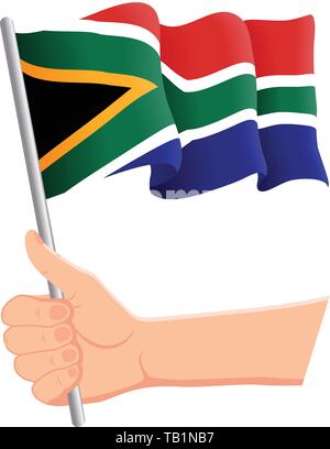 Hand und winkte die Nationalflagge von Südafrika. Ventilatoren, Independence Day, patriotischen Konzept. Vector Illustration Stock Vektor