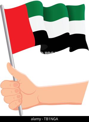 Hand und winkte die Flagge der Vereinigten Arabischen Emirate. Ventilatoren, Independence Day, patriotischen Konzept. Vector Illustration Stock Vektor