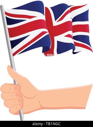 Hand und winkte die Nationalflagge des Vereinigten Königreichs. Ventilatoren, Independence Day, patriotischen Konzept. Vector Illustration Stock Vektor