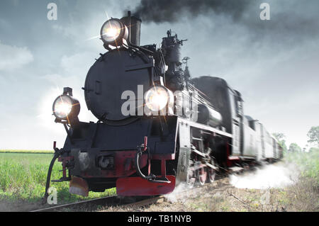 Alte Personenzug auf Spuren durch den Wald. Retro Lokomotive mit einer Dampfmaschine, Rauch und große Lampen. Stockfoto