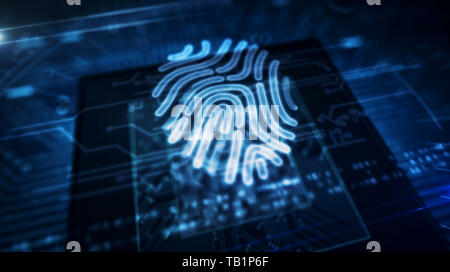 Cyber Security Konzept mit Fingerabdruck Hologramm über funktionierende cpu im Hintergrund. Konzept der persönlichen Authentifizierung, Identität und biometrischen Stockfoto