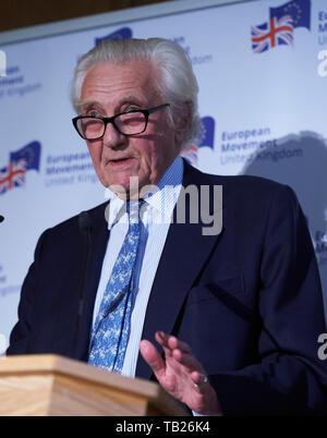 Westminster London, UK - 29. Mai 2019. Ehemalige Konservative Partei MP Michael Heseltine liefert eine Rede in Westminster zu seiner Ernennung als Präsident der Europäischen Bewegung zu markieren. Quelle: Thomas Bowles Stockfoto