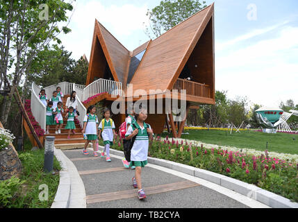 (190530) - HARBIN, 30. Mai 2019 (Xinhua) - Menschen besuchen die Heilongjiang Garten an der Peking Internationale Gartenbauausstellung in Yanqing Bezirk von Peking, der Hauptstadt von China, 30. Mai 2019. Im Nordosten von China, Provinz Heilongjiang ist weithin für seine ausgeprägte Jahreszeiten und seiner Bemühung, bekannte ökologische Entwicklung zu fördern, besonders in den grösseren und kleineren Khingan Berge. Die Waldfläche in der Khingan Berge, die als wichtiges Ökosystem Wald Funktion Zone und eine Reserve von strategischer Bedeutung für Schnittholz Ressourcen in China angesehen wird, spielt eine unersetzliche Ro Stockfoto