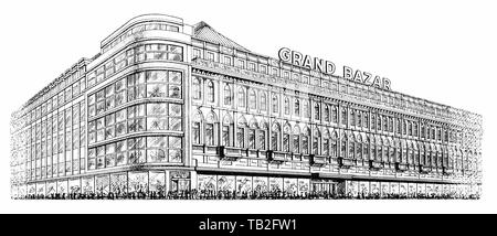 Detail, Le Grand Bazar de la Place Saint Lambert, historische Aktien aus Belgien, Zeichnung aus den 50er Jahren, das Einkaufszentrum in Lüttich; Le Grand Bazar de la Place Saint Lambert, Lüttich, Belgien; Europa Stockfoto