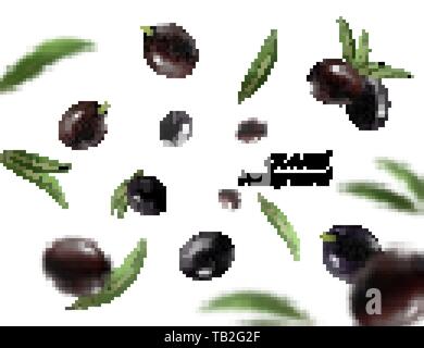 Isolierte Oliven in der Luft. Der schwarze Oliven Früchte auf weißem Hintergrund Stock Vektor