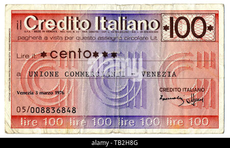 Miniassegni, Italienisch Banküberweisung, Postanweisung mit einem niedrigen Wert, Il Credito Italiano, Unione Commerciani Venezia, Miniassegno, Italienische, Bankanweisung oder Geldanweisung Kleinscheck mit niedrigen Werten, eine Art Notgeld aus Papier, 100 Lire, 1976, Italien, Europa Stockfoto