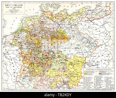 Historische Karte von Deutschland und Europa nach dem Tod von Kaiser Karl IV., 1378, aus dem 14. Jahrhundert, Historische, zeichnerische Darstellung, Landkarte von Deutschland und Europa nach dem Tod von Kaiser Karl IV., 1378, Stockfoto
