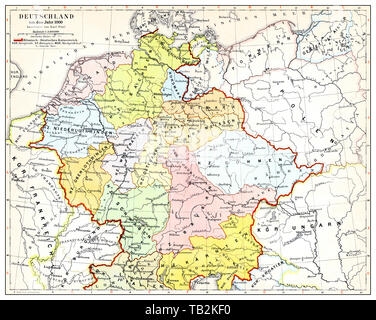 Historische Karte von Deutschland und Europa, Römisch-deutschen Reiches im 10. Jahrhundert, Historische, zeichnerische Darstellung, Landkarte von Deutschland und Europa, römisch-deutsches Kaiserreich im 10. Jahrhundert, aus Meyers Konversations-Lexikon von 1890 Stockfoto