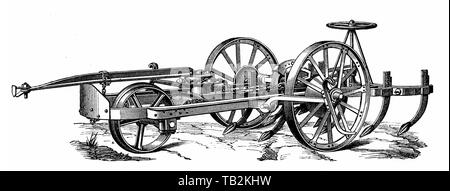 Grubber oder eines landwirtschaftlichen Lokomotive oder den Traktor von einer Dampfmaschine angetrieben Pflug, durch eine Steam gezogen Pflug, 19. Jahrhundert, Historische, zeichnerische Darstellung, Kultivator oder Pflug von einer landwirtschaftlichen Lokomotive oder Traktor mit Dampfmaschine angetrieben gezogen, Dampfpfug, 19. Jahrhundert, aus Meyers Konversations-Lexikon von 1890 Stockfoto