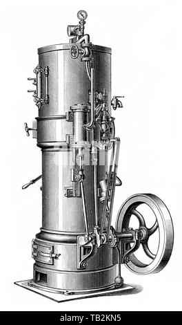 Vertikale Kessel Dampfmaschine, Kolben Wärmekraftmaschine, die enthaltene thermische Energie oder Druck in Dampf enthalten ist in mechanische Arbeit umgewandelt, aus dem 19. Jahrhundert, Historische, zeichnerische Darstellung, technische Zeichnung, vertikale Kesseldampfmaschine, Dampfmaschine, Kolben-Wärmekraftmaschine, die im Dampf enthaltene Wärmeenergie oder Druckenergie wird in mechanische Arbeit umwandelt, 19. Jahrhundert, aus Meyers Konversations-Lexikon von 1890 Stockfoto