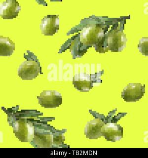 Vektor nahtlose Muster mit grünen Oliven auf Gelb. Hintergrund Design für Olivenöl, Naturkosmetik. Am besten für Geschenkpapier. Stock Vektor