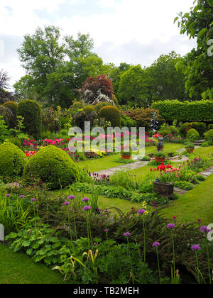 Hochformat von chenies Manor versunkenen Garten im Mai, frisches neues Wachstum und bunte Tulpen Sorten. Stockfoto