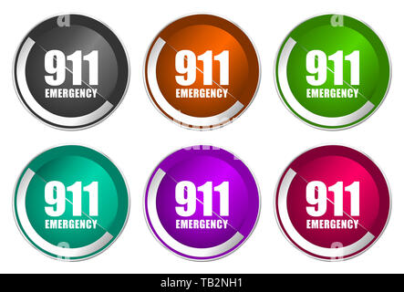 Notrufnummer 911 Icon Set, silber-metallic Web Buttons Stockfoto